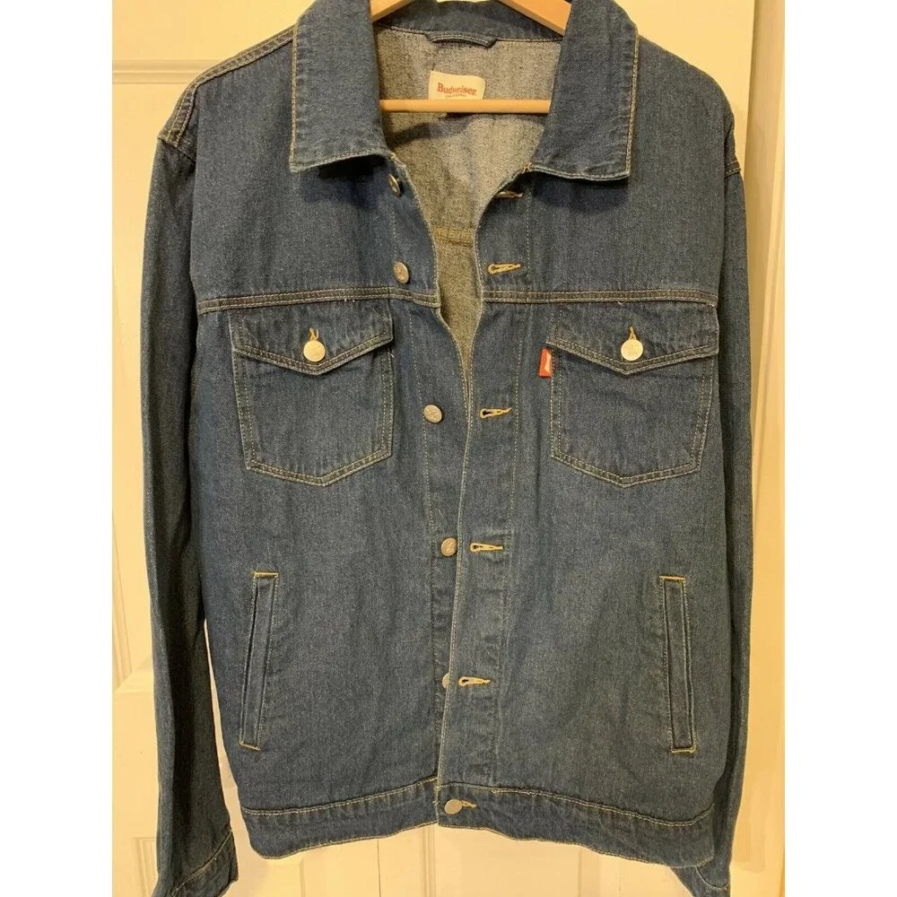 New Budweiser Denim Men’s Sz L Blue Trucker‎ Button Jean Logo Jacket NWT